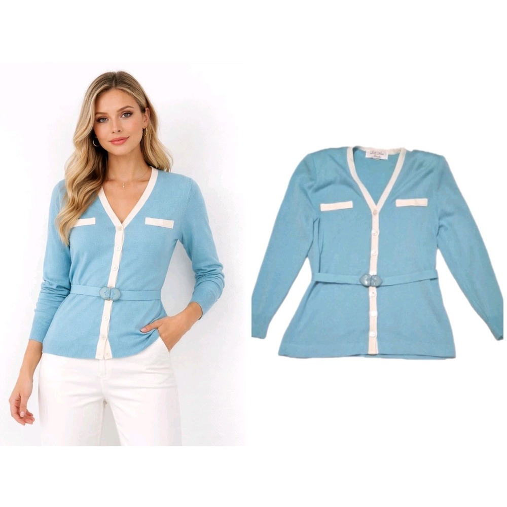 LILLI ANN Knits Tunic Top Size 10 Aqua Blue Belted Heart Shaped Buckle Vintage